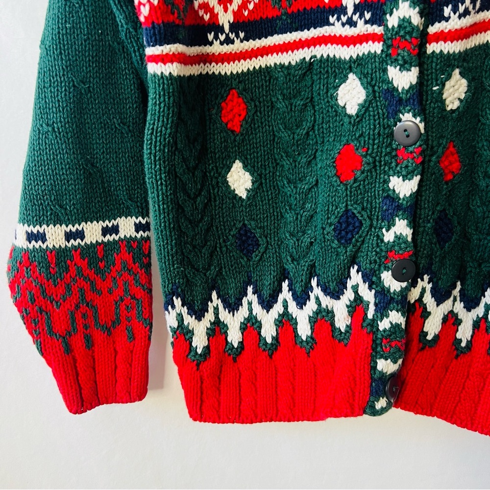 Vintage 90s Ski / Snowflake Holiday Red and Green Cardigan by Casual Corner - Picture 6 of 10